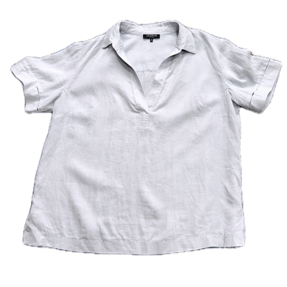 LAFAYETTE 148 NEW YORK Gray Linen Short Sleeve Beachy Resort Top Blouse Tunic 1X